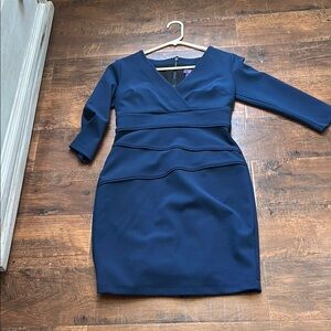 NYDJ Blue Ruched Sheath Dress with V-Neck